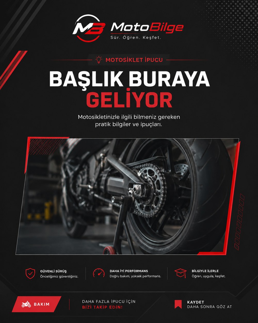 MotoBilge bakım ipucu görseli ve motosiklet arka teker zincir detayı
