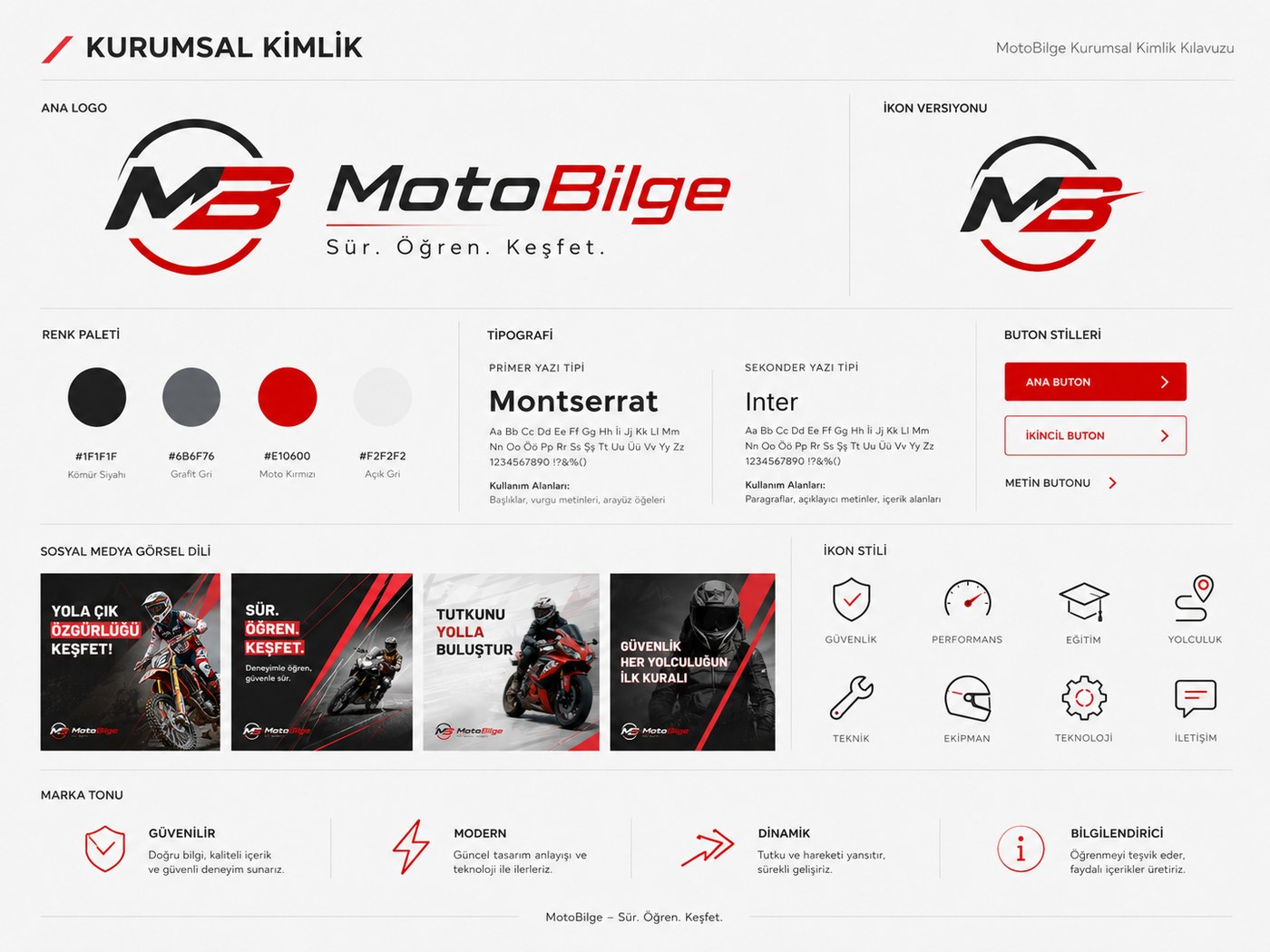 MotoBilge kurumsal kimlik kılavuzu renk paleti tipografi ve ikon stili